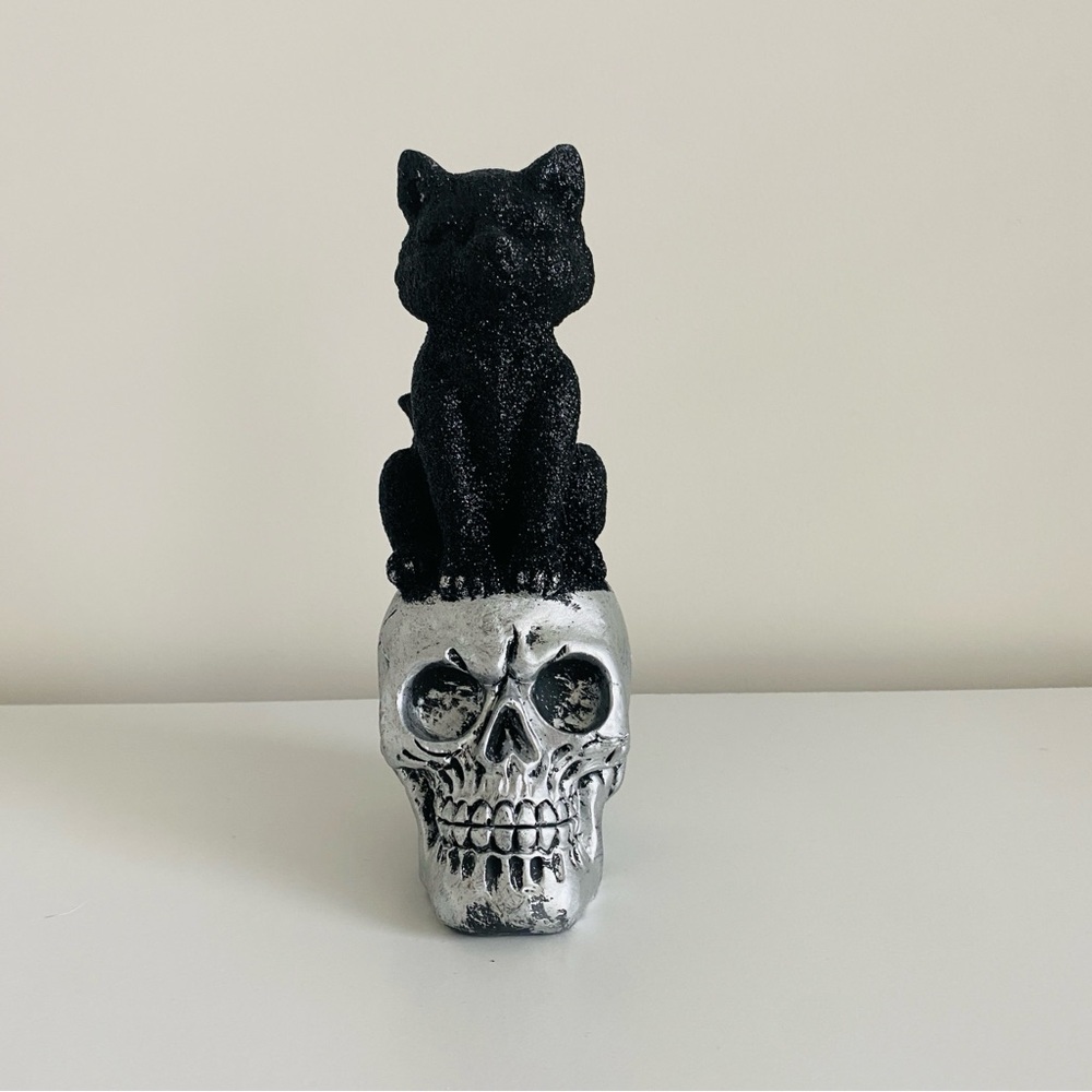 Black glitter cat on silver skull table home decor spooky Halloween creepy